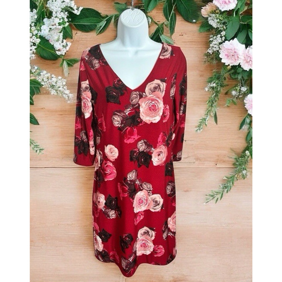 White House Black Market Red Rose Reversible Dress Sz XS Knee Length 3/4 Sleeve - Picture 2 of 8